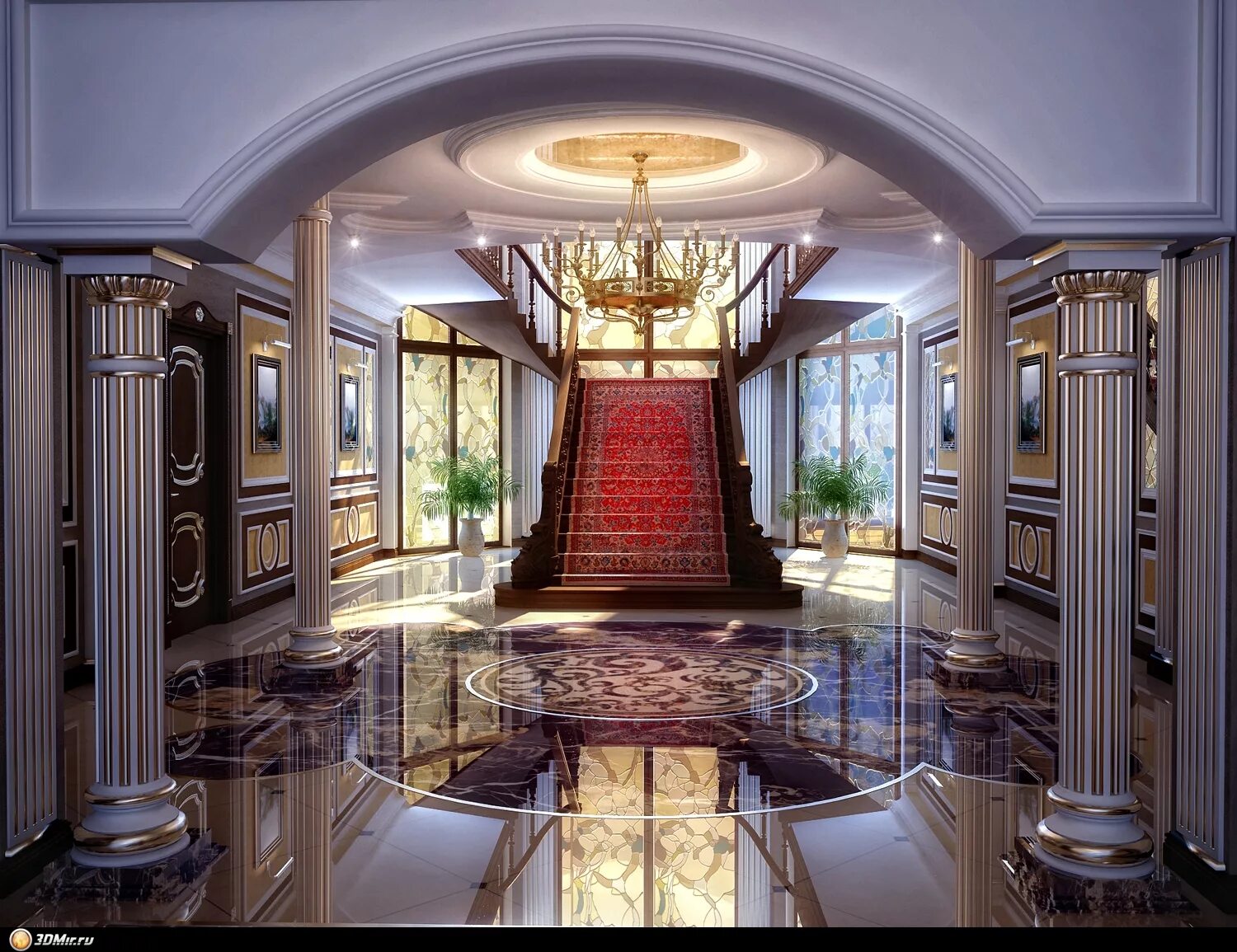 прихожая в доме. роскошный интерьер. интерьер квадратной прихожей. прихожая-холл в частном доме. люстры в современном интерьере.