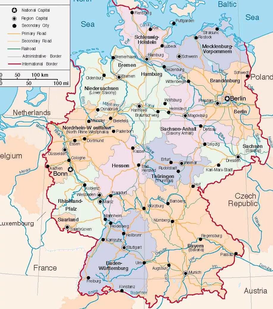 Германия на английском. Географическая карта Германии. Карта Германии географическая с городами. Границы Германии на карте. Политическая карта Германии.