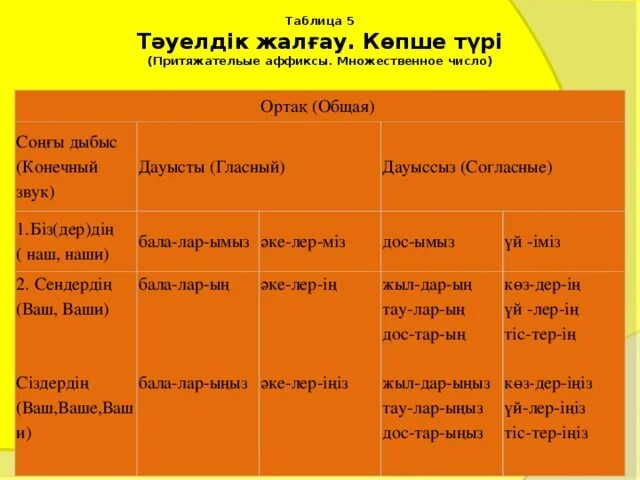 Көптік жалғау. Тауелдик жалгау. Притяжательные и личные окончания в казахском языке. Жалғау түрлері таблица. Притяжательные окончания в казахском языке таблица.