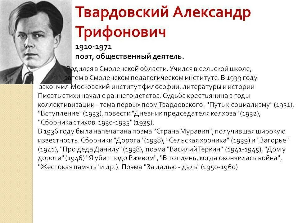 Сообщение о жизни а т твардовского. Твардовский 1910-1971.