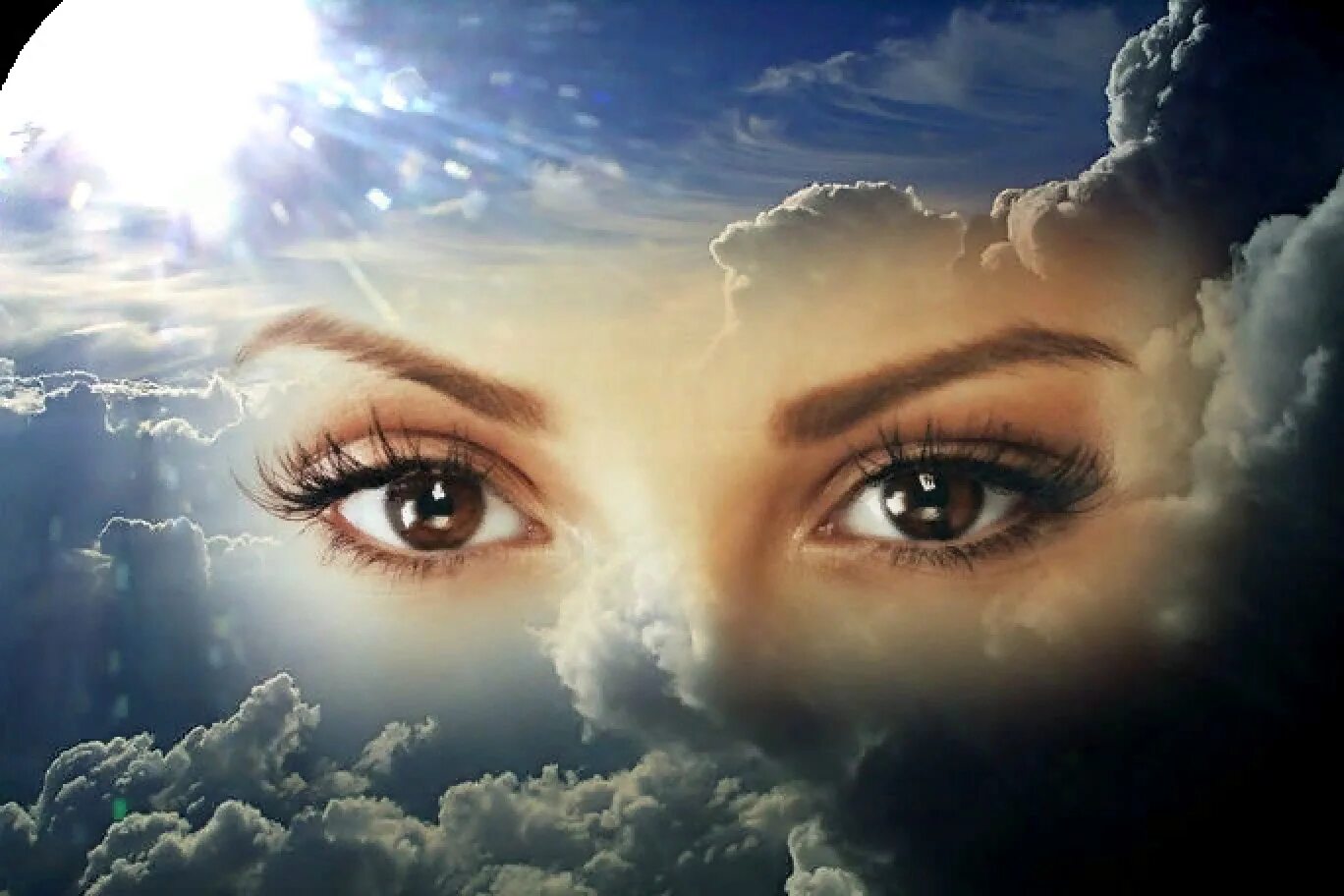 Женские глаза в небе. Девушка с небесными глазами. Сияющие счастливые глаза. Женские глаза в облаках.