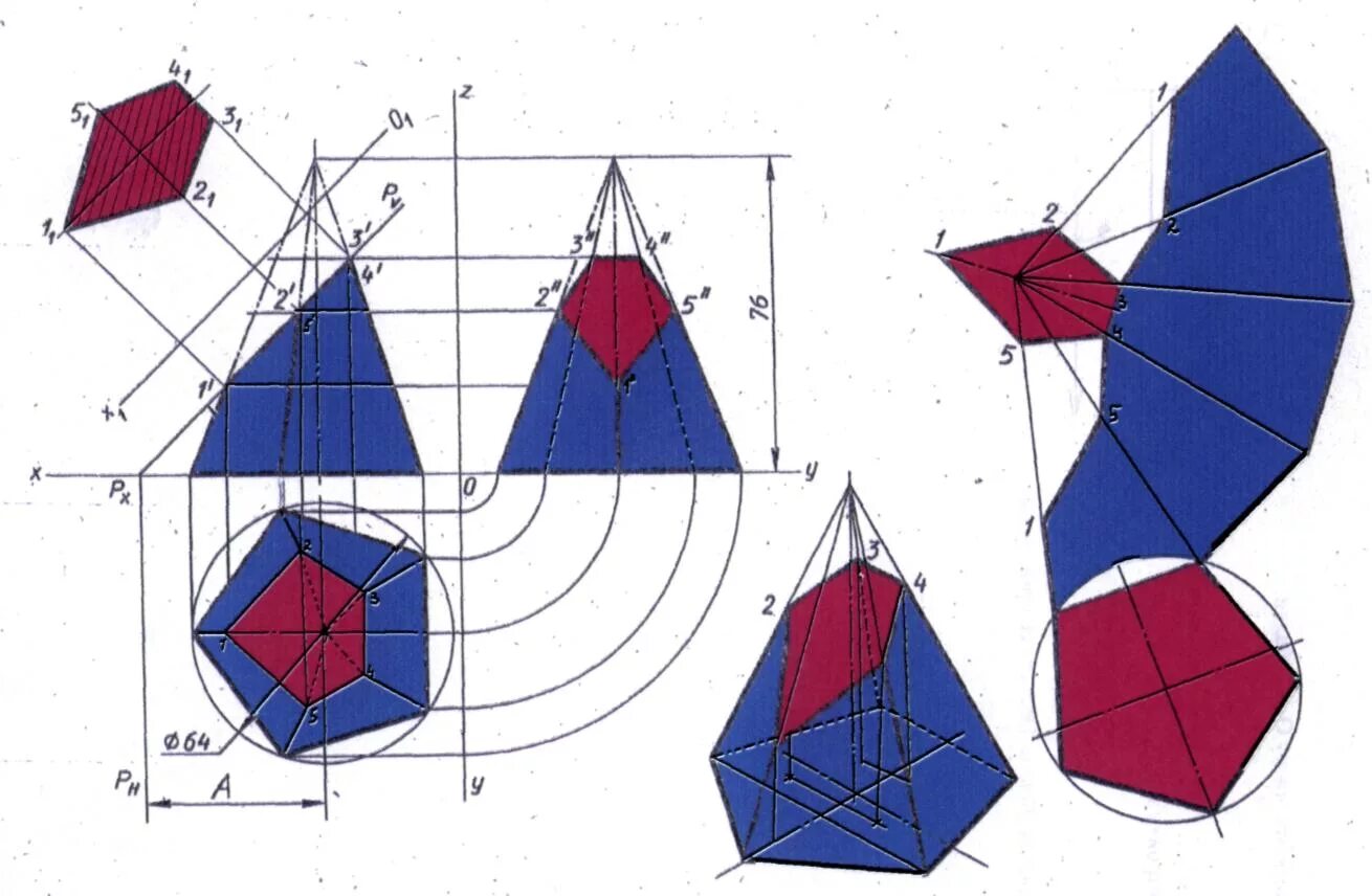 Пересечение геометрических тел проецирующими плоскостями. Построение развертки пирамиды Начертательная геометрия. Построение развертки усеченной пирамиды. Развертка 6 угольной пирамиды.