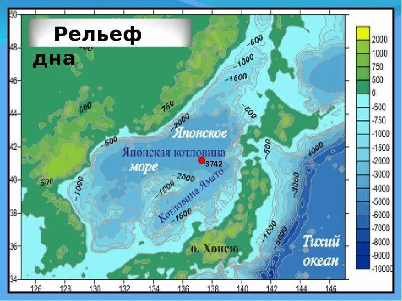 Какое омывает берега японии. Японское море глубины рельеф дна. Карта рельефа японского моря. Распределение глубин японского моря. Карта глубин японского моря.