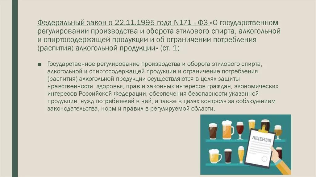 22.11 1995 n 171 фз. Федеральный закон о регулировании производства этилового спирта. Надзор за производством и оборотом алкогольной продукции. Федеральный закон 171. Закон об обороте алкогольной продукции.