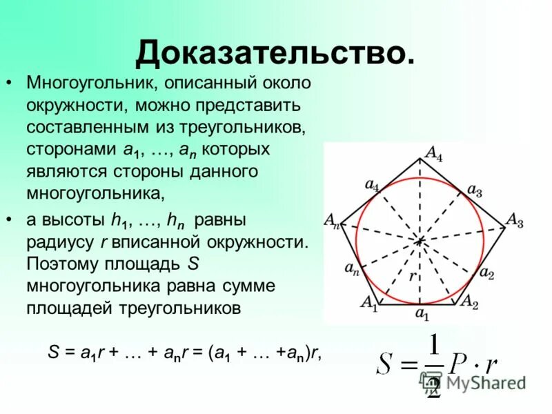 Формула радиуса описанной окружности правильного многоугольника. Радиус описанной окружности правильного многоугольника. Площадь правильного многоугольника описанного около окружности. Формула радиуса вписанной окружности в правильный многоугольник. Многоугольник описанный около окружности.