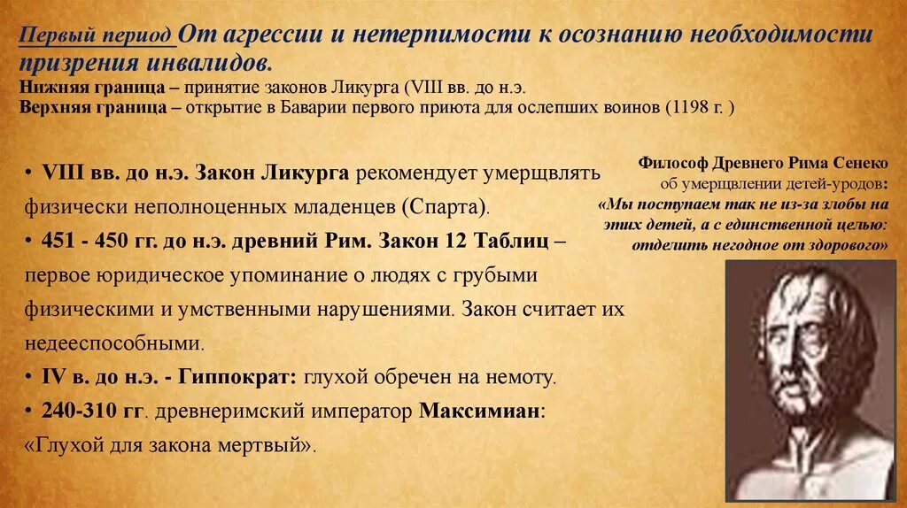 В первом периоде. От агрессии и нетерпимости к осознанию необходимости призрения. От агрессии к осознанию необходимости призрения инвалидов. Закон Ликурга к детям инвалидам. Первый период: призрения инвалидов.