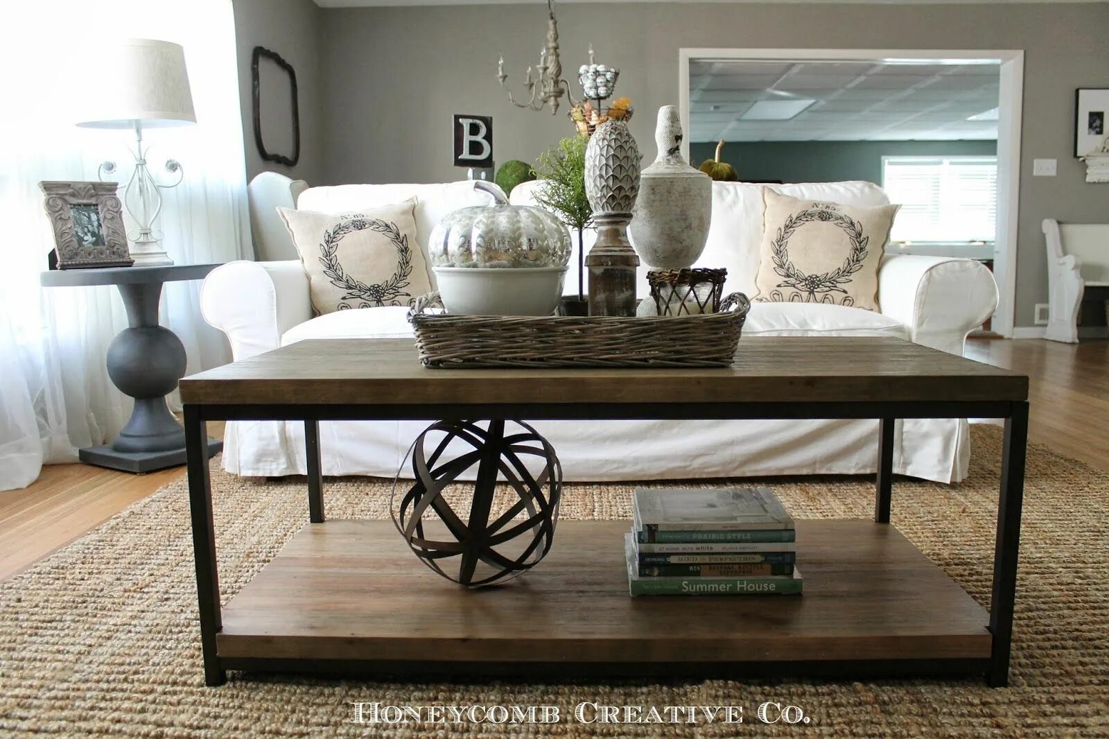 The lamp is on the coffee table