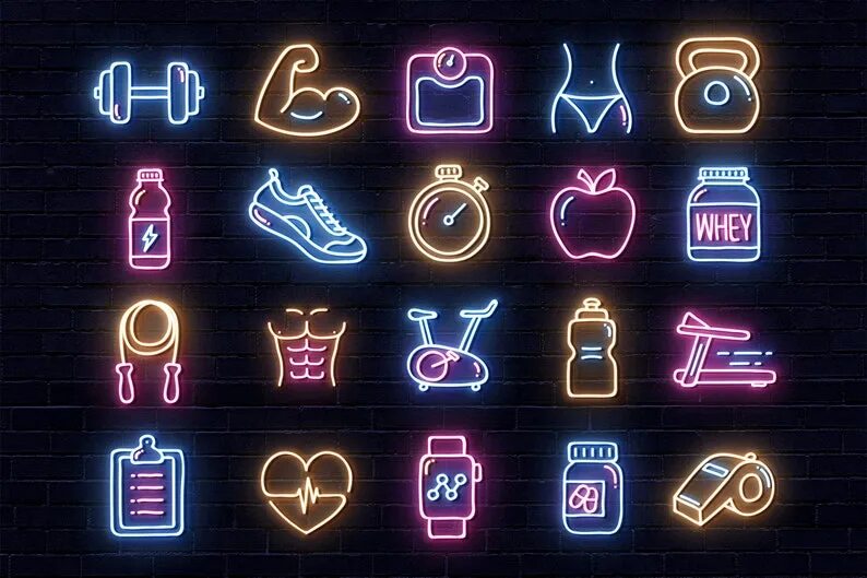 Neon icons. Неоновые значки. Неоновые пиктограммы. Стильные значки. Стильные иконки для актуального.