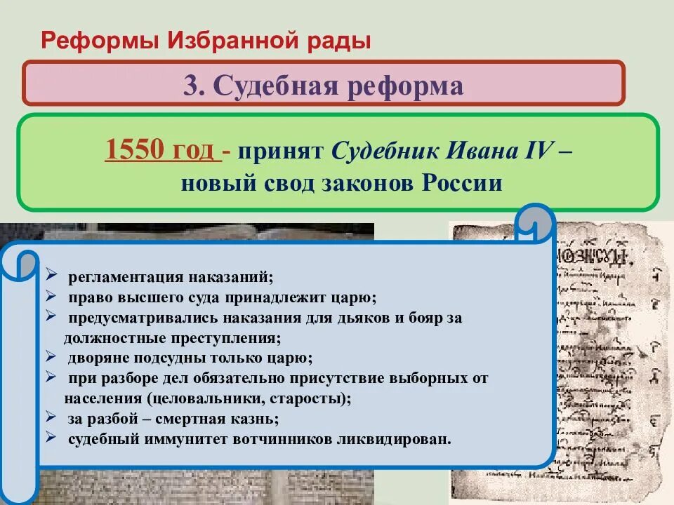 В результате законодательной реформы. Судебник Ивана Грозного 1550. Судебник 1550 содержание реформы. Реформа Судебник Ивана 4. Реформы избранной рады Ивана 4.