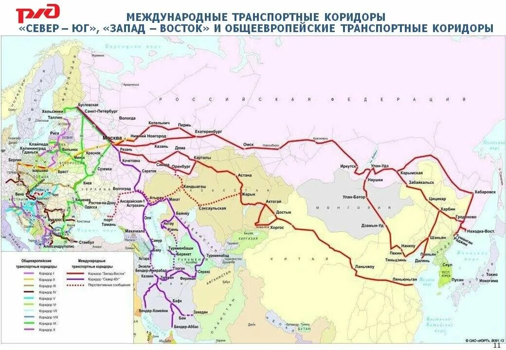 Схема международных транспортных коридоров России. Международные транспортные коридоры (МТК).