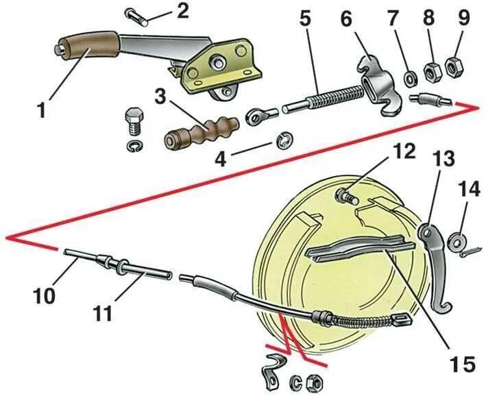 Приведение в действие ручного тормоза. Стояночный тормоз ВАЗ 2115 схема. Механизм ручного тормоза ВАЗ 2114. Трос привода ручного тормоза ВАЗ 2110. Трос стояночного тормоза ВАЗ 2114.