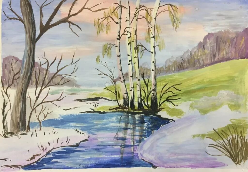 весенний пейзаж. рисование весеннего пейзажа. весенний пейзаж для дошкольников. весенний пейзаж рисунок. рисование весеннего пейзажа.