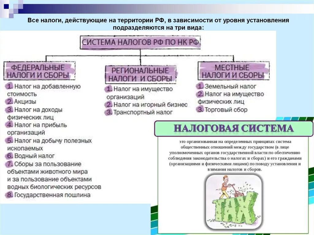 Виды налогов в зависимости от территории. Все налоги действующие на территории РФ. Налоги в зависимости от уровня установления. Федеральные региональные и местные налоги.