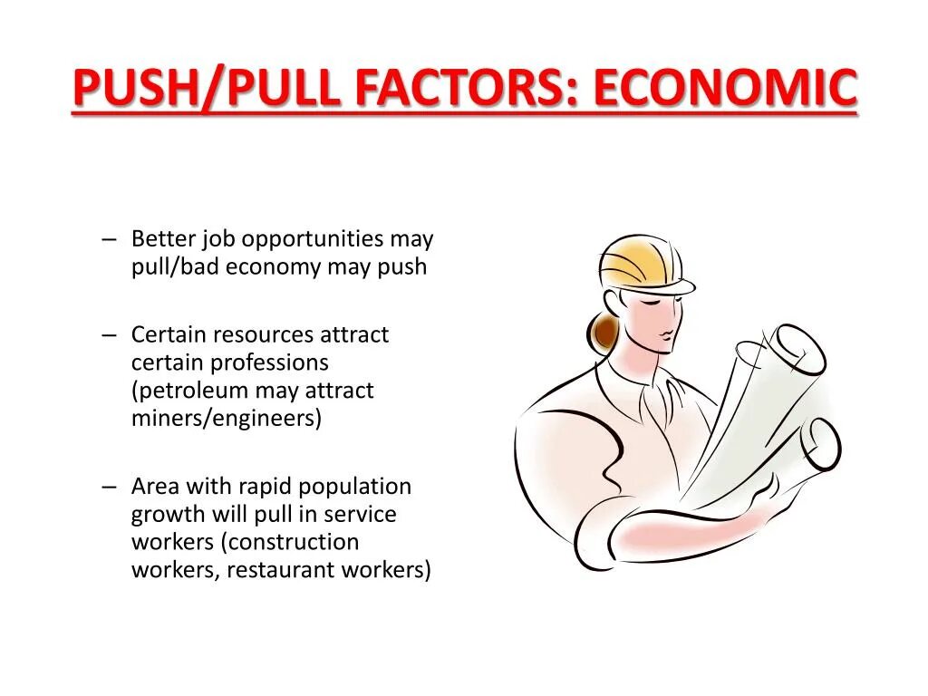 Pull and work. Push and pull factors. economic factors. bad economy.