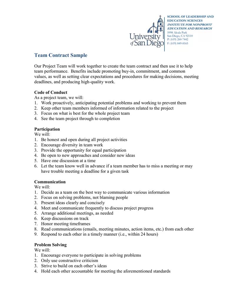 Team contract. Team contract example.