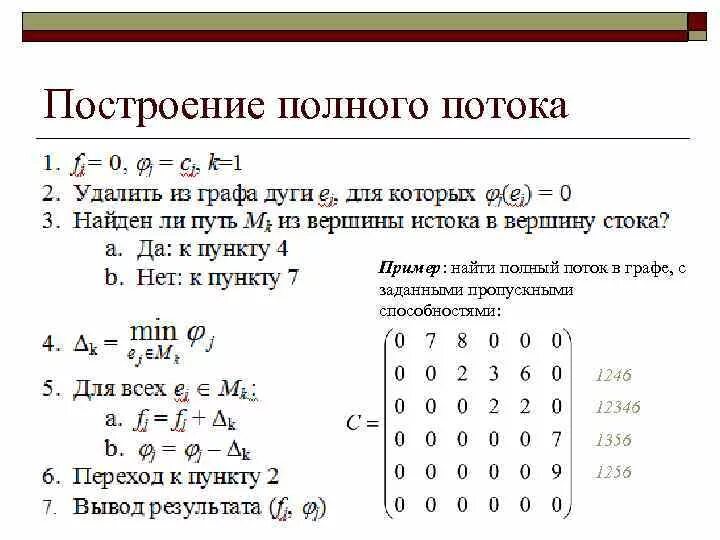 Найти максимальный поток. Алгоритм построения полного потока в сети. Как найти потоки в графе. Величина потока на графе. Полный поток в транспортной сети.