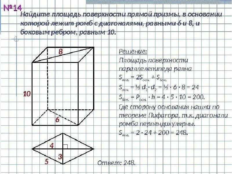 Площадь основания поверхности параллелепипеда. Площадь поверхности прямой призмы. площадь поверхности прямой призмы в основании которой лежит ромб. площадь боковой поверхности прямой призмы. площадь поверхностипряиой призмы.