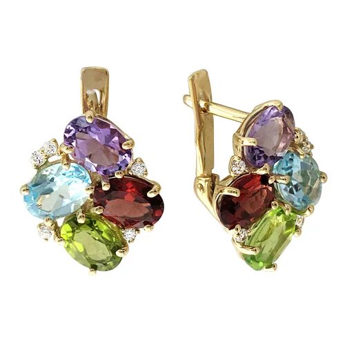 золотые серьги с разноцветными камнями. серьги 34810316ф. серьги кольца с камнями. серьги микс аметист топазом. крупные серьги с камнями бижутерия.
