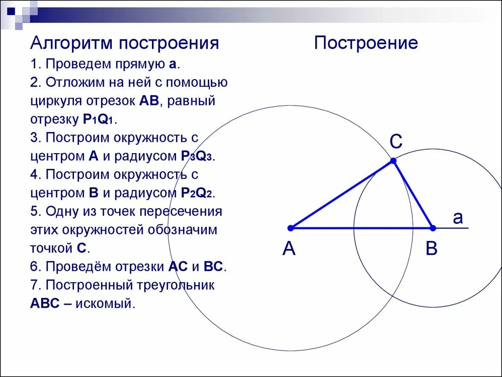 Построить три треугольника с помощью циркуля. Алгоритм построения треугольника по трем элементам 7 класс. Алгоритм построения треугольника по 3 элементам. Алгоритм построения треугольника с помощью циркуля. Построение треугольника циркулем по трем сторонам.