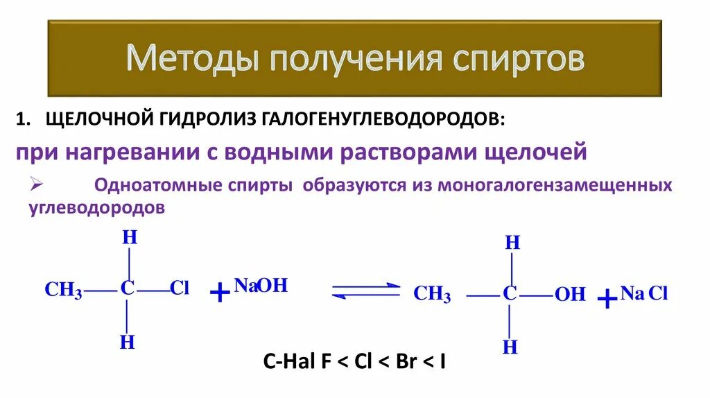 Гидролиз галогенуглеводородов. Гидролиз углеводородов. Способы получения спиртов. Гидролиз галогеналканов водным раствором щелочи. Спиртовой гидролиз