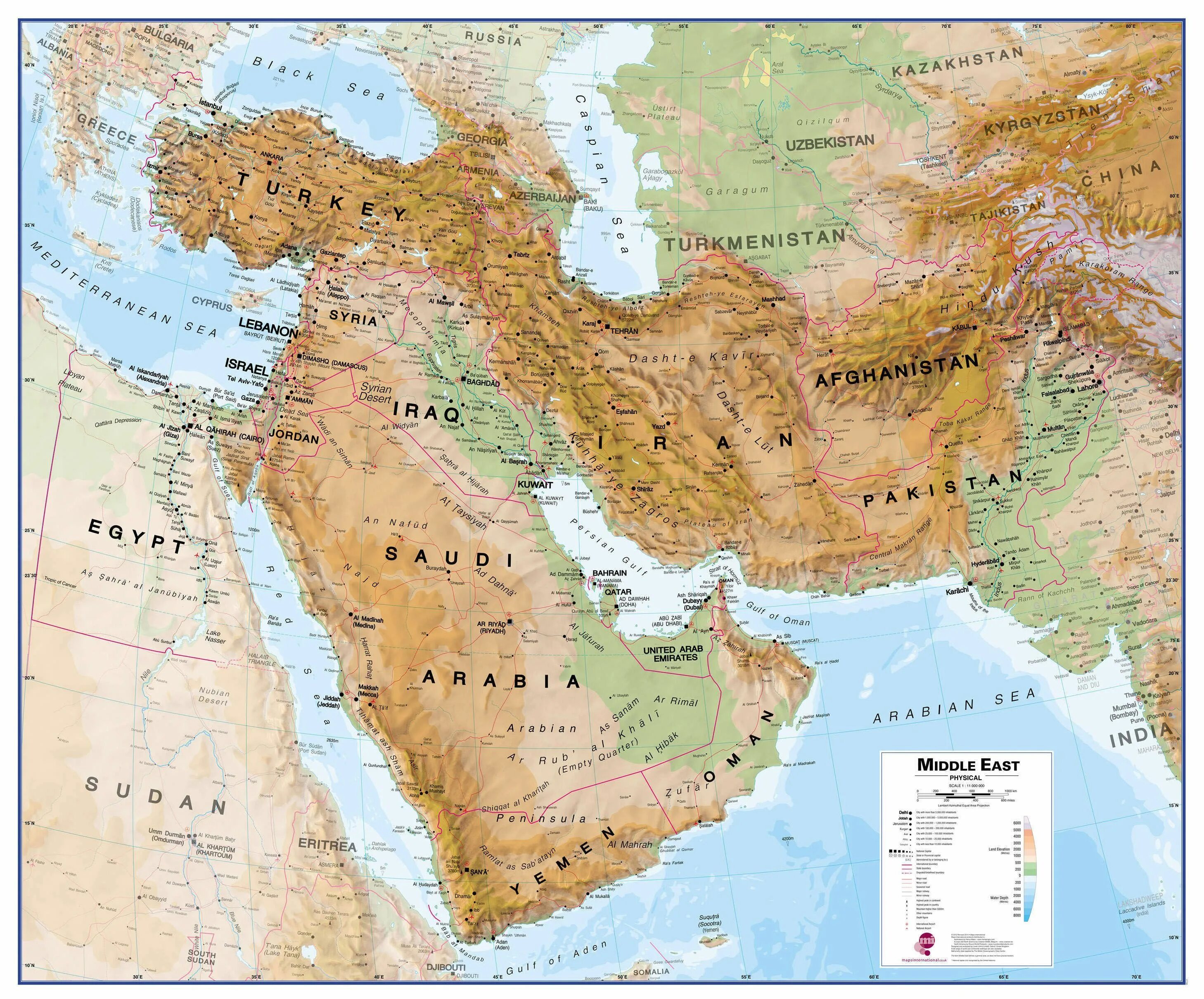 Физическая карта ближнего Востока. Средний Восток на карте. Middle East на карте. Страны среднего Востока на карте.