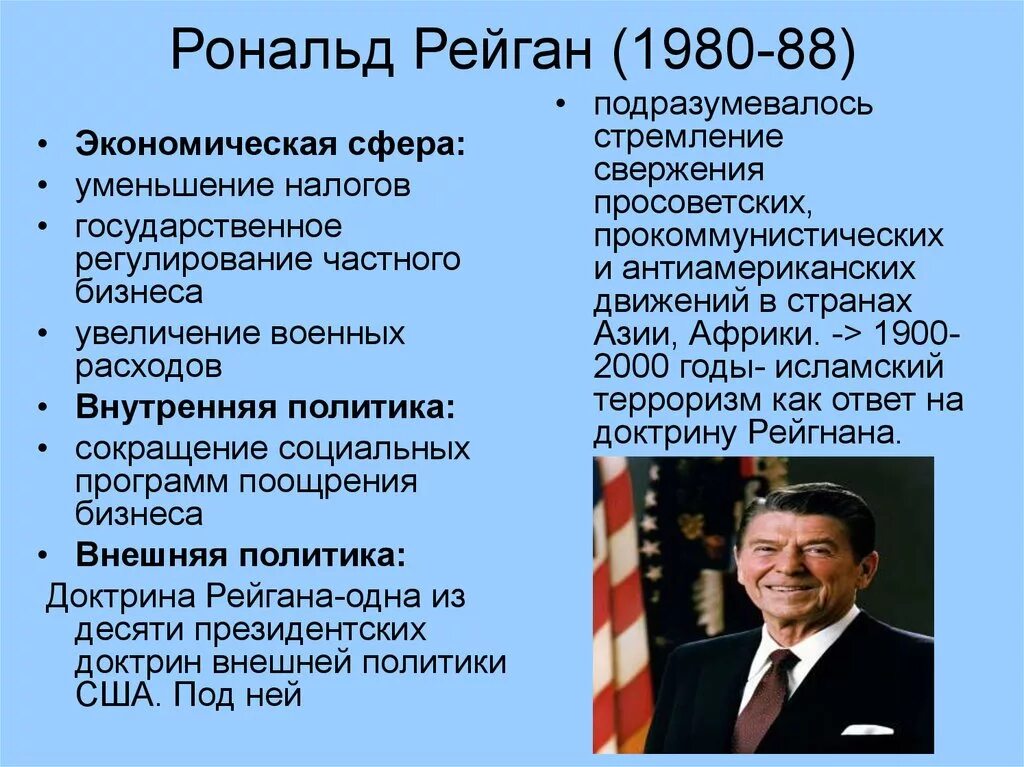 Что изменилось во внешней политике правительства. Рональд Рейган внутренняя политика. Р Рейган внутренняя и внешняя политика. Рональд Рейган политика. Внутренняя политика Рейгана кратко.