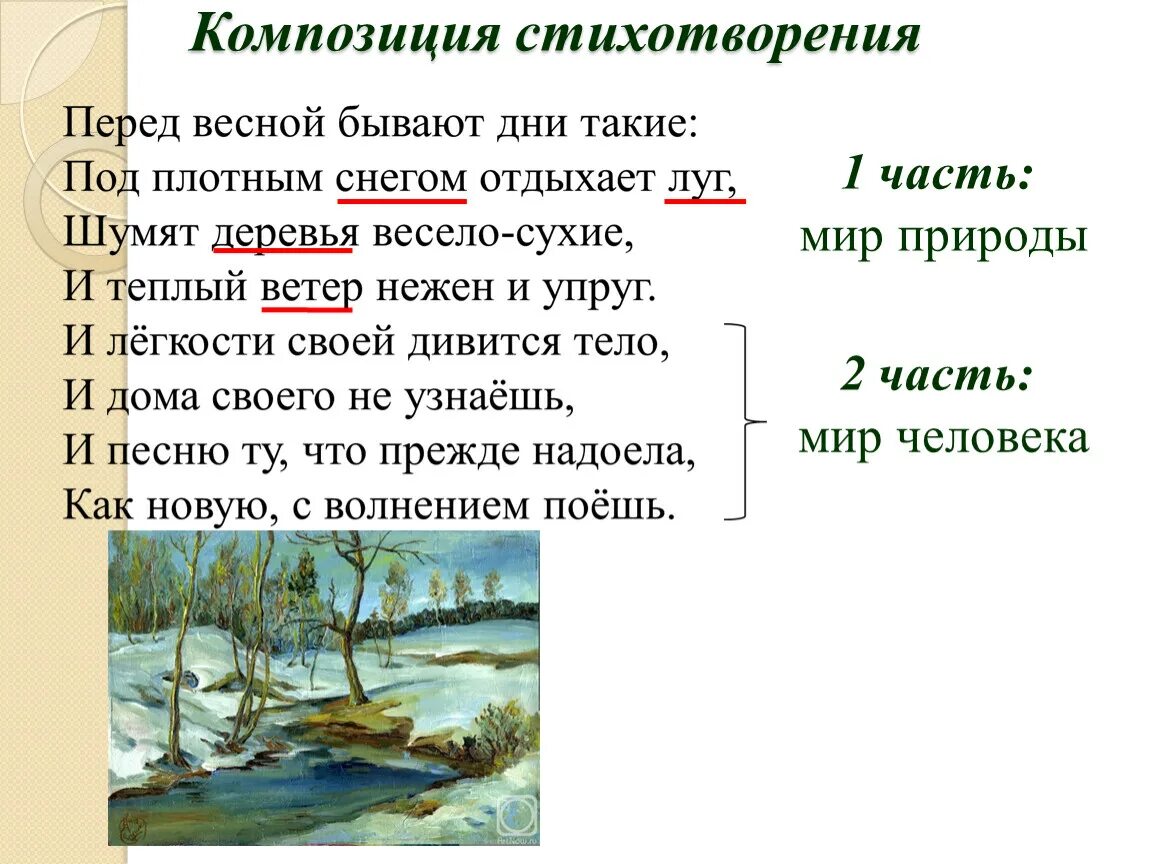 Под плотным снегом отдыхает. Композиция стихотворения. Композиция в стихотыорени. Стихотворение перед весной. Стихотворение перед весной бывают дни.