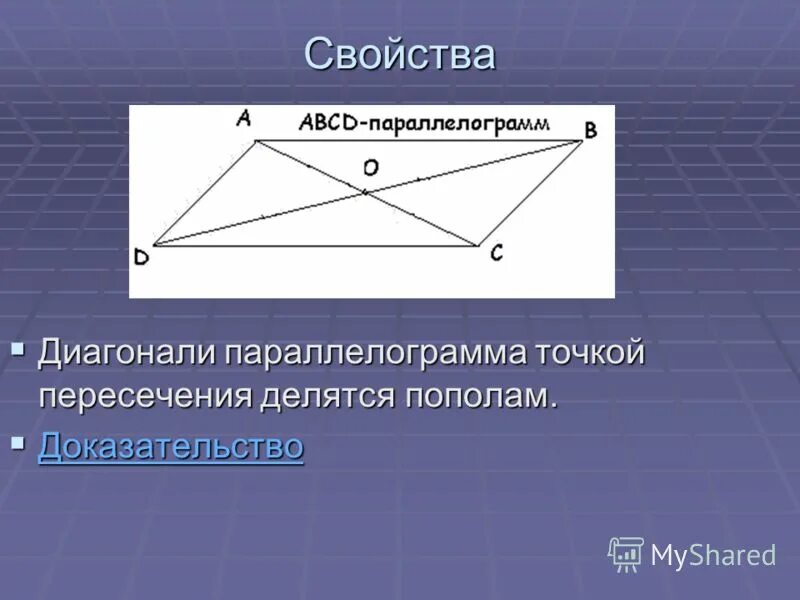 Диагонали параллелограмма точкой их пересечения делятся пополам. Параллелограмм. Диагонали параллелограмма. Доказать свойство диагоналей параллелограмма.