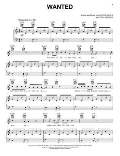 Wanted Sheet Music Hunter Hayes Piano, Vocal & Guitar (Right-Hand Melody)