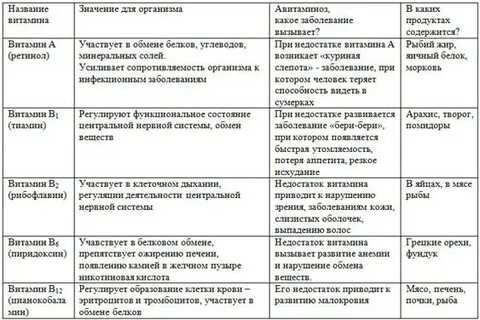 Роль витаминов в организме таблица 8 класс