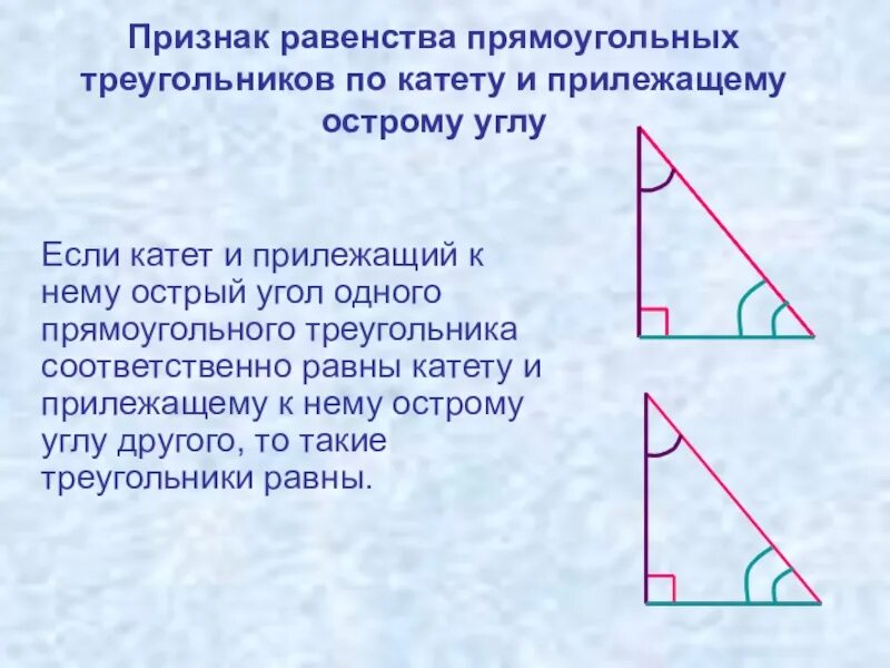 Катет прямоугольного треугольника равен произведению другого катета. Если катет и прилежащий к нему острый. Если катет прямоугольного треугольника соответственно равны. Катет и острый угол. Треугольники равны по катету и прилежащему углу.