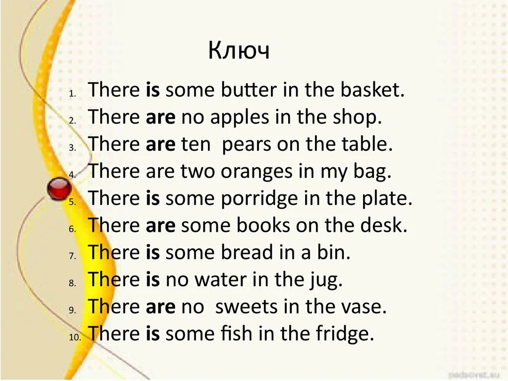 Добавь ис. There is some Butter или there are some Butter. Вставить is или are there some Butter. There some Butter in the Basket. Any Butter или some.