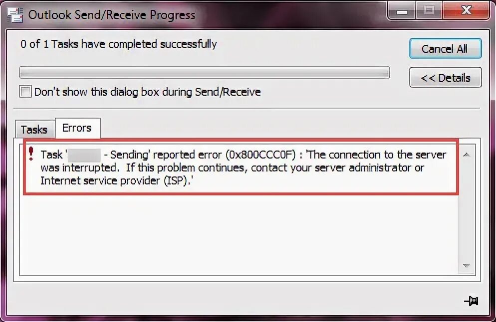 Outlook the connection to the incoming IMAP Server was Dropped.