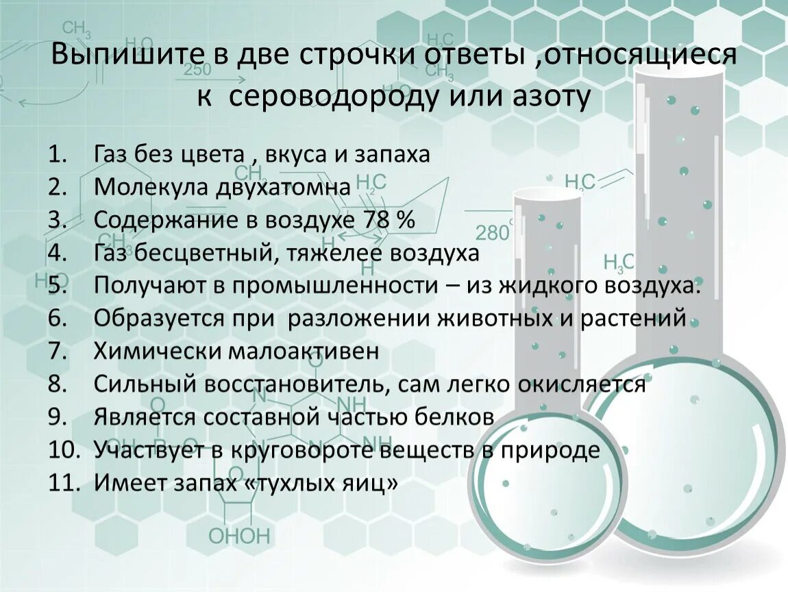 Газ азот тяжелее воздуха. Выпишите в две строчки ответы относящиеся к азоту и сероводороду. Характеристика азота по плану. Характеристика азота по плану 9 класс. Азот бесцветный ГАЗ без вкуса и запаха.