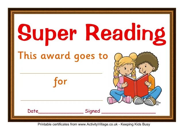 Reading certificate. Certificate for Kids.
