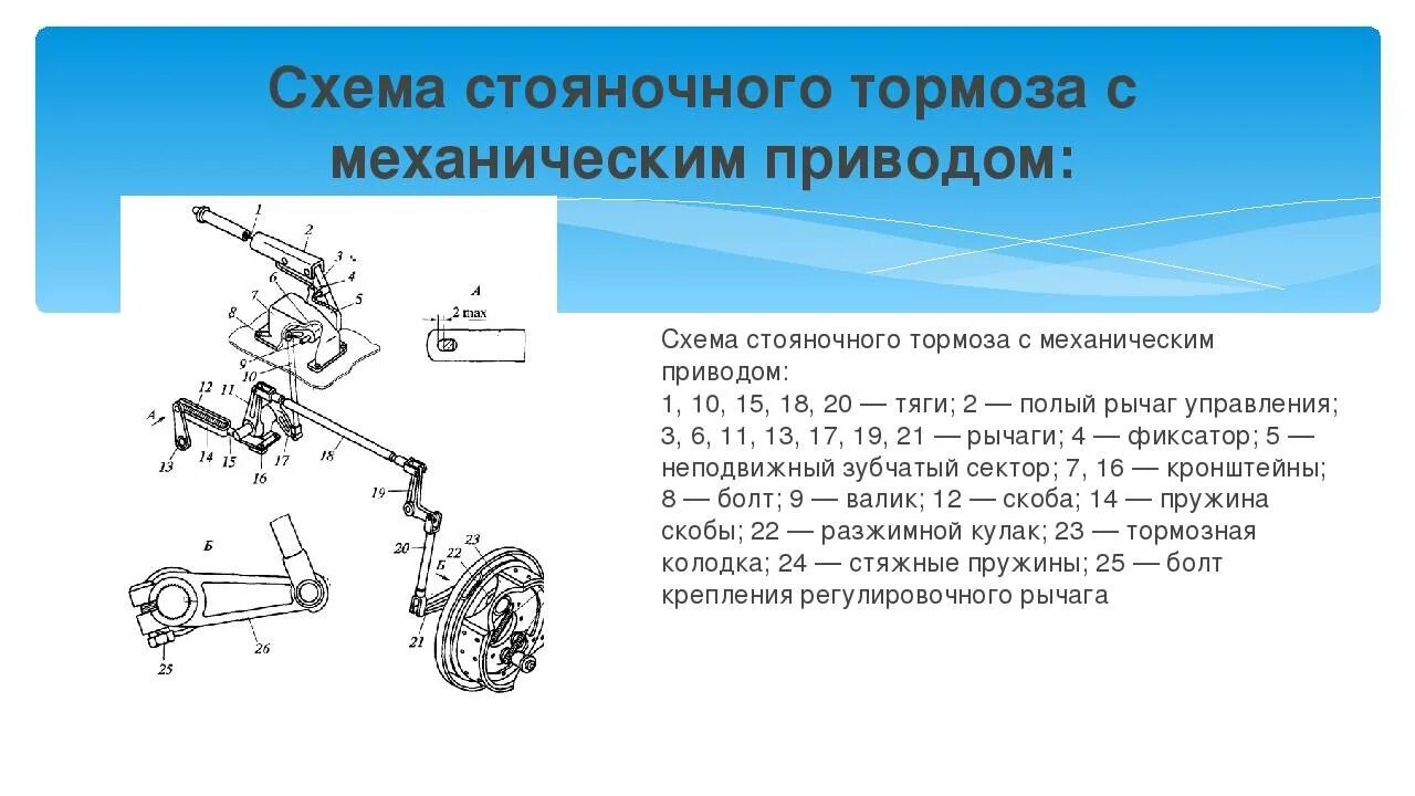 Привести в действие стояночный тормоз. Устройство стояночного тормоза с механическим приводом задание 313. Привод механизма стояночного тормоза w447. Схема механизма стояночного тормоза. Устройство и принцип стояночного тормоза.