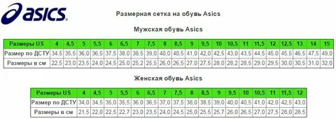 Размерная сетка асикс кроссовки