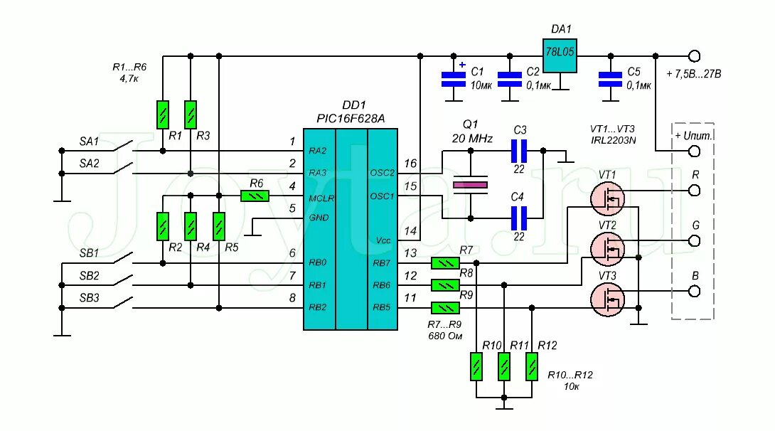 Управление диодами. Схемы управления RGB светодиодами на контроллерах. Контроллер RGB ленты на pic16f628. Схема контроллера RGB ленты своими руками. RGB контроллер схема принципиальная.