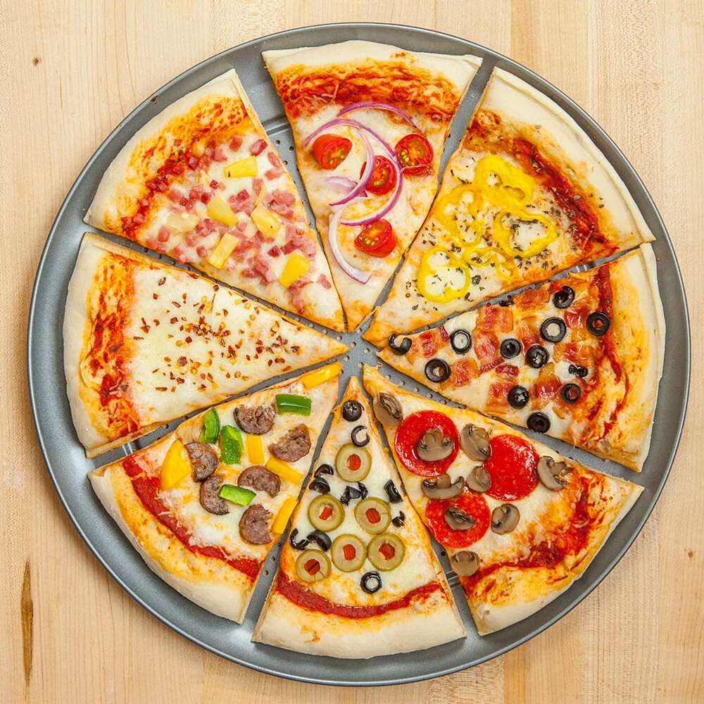 "Пицца". Разные пиццы. Пицца с разными начинками. Пицца необычной формы. 3 кусочка пиццы