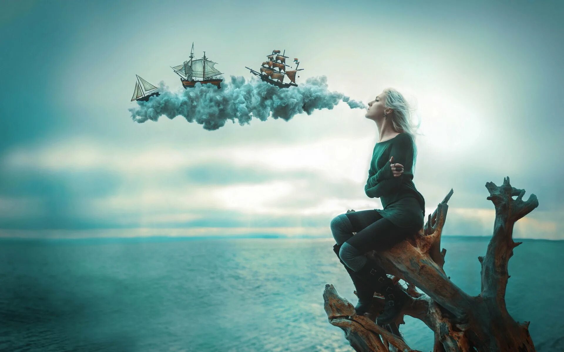 Невероятные мечты. Девушка на корабле. Девушка-море. Фотосессия в стиле фантастика. Фантастическое море.