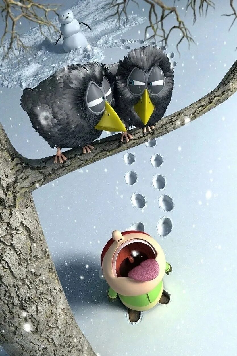 Веселые птички. Веселые зимние птички. Ловить снежинки ртом. Птички юмор.