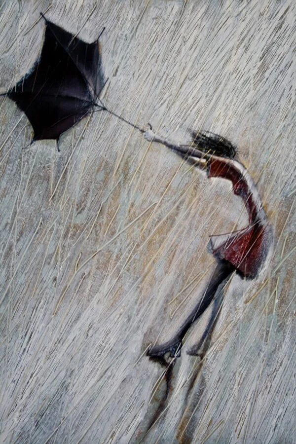 Дождливый дневник. Сильный ветер живопись. Девушка с зонтиком на ветру.
