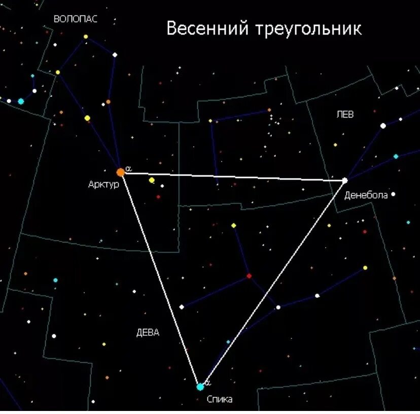 Созвездия на небе весной. Астеризм весенний треугольник. Денебола Арктур Спика Созвездие. Созвездие треугольник на карте звездного неба. Арктур в созвездии Волопаса.