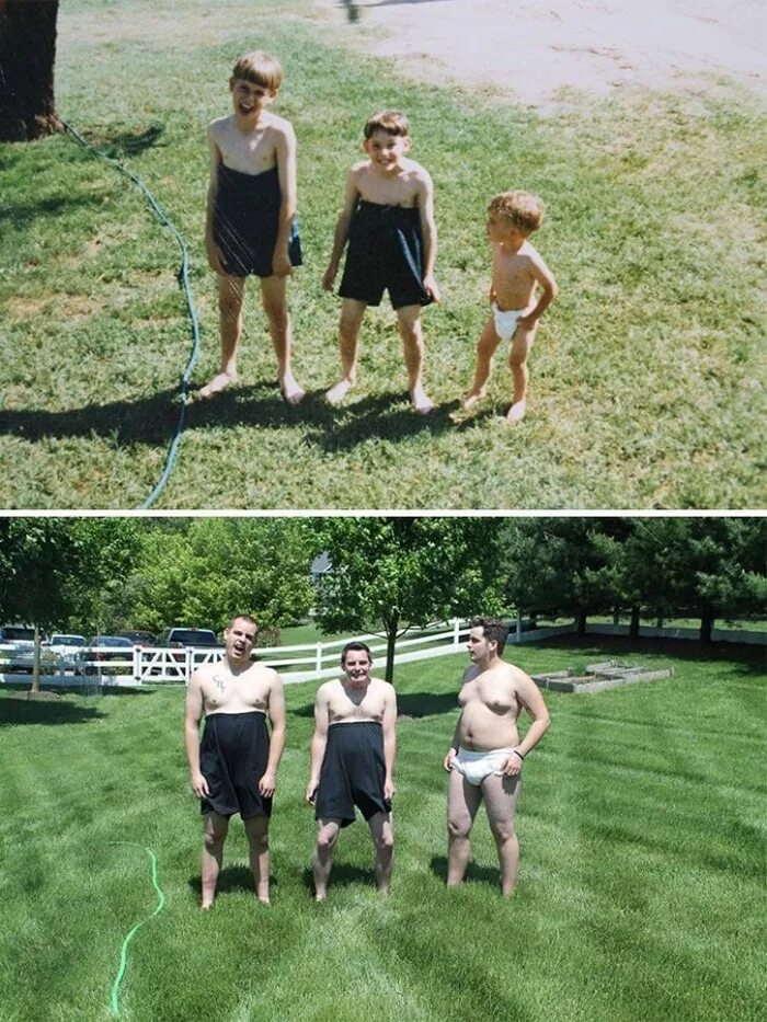 2 смешных брата. Год спустя. Люди повторили свои детские снимки. Фото 20 лет спустя. Люди в детстве и взрослые.