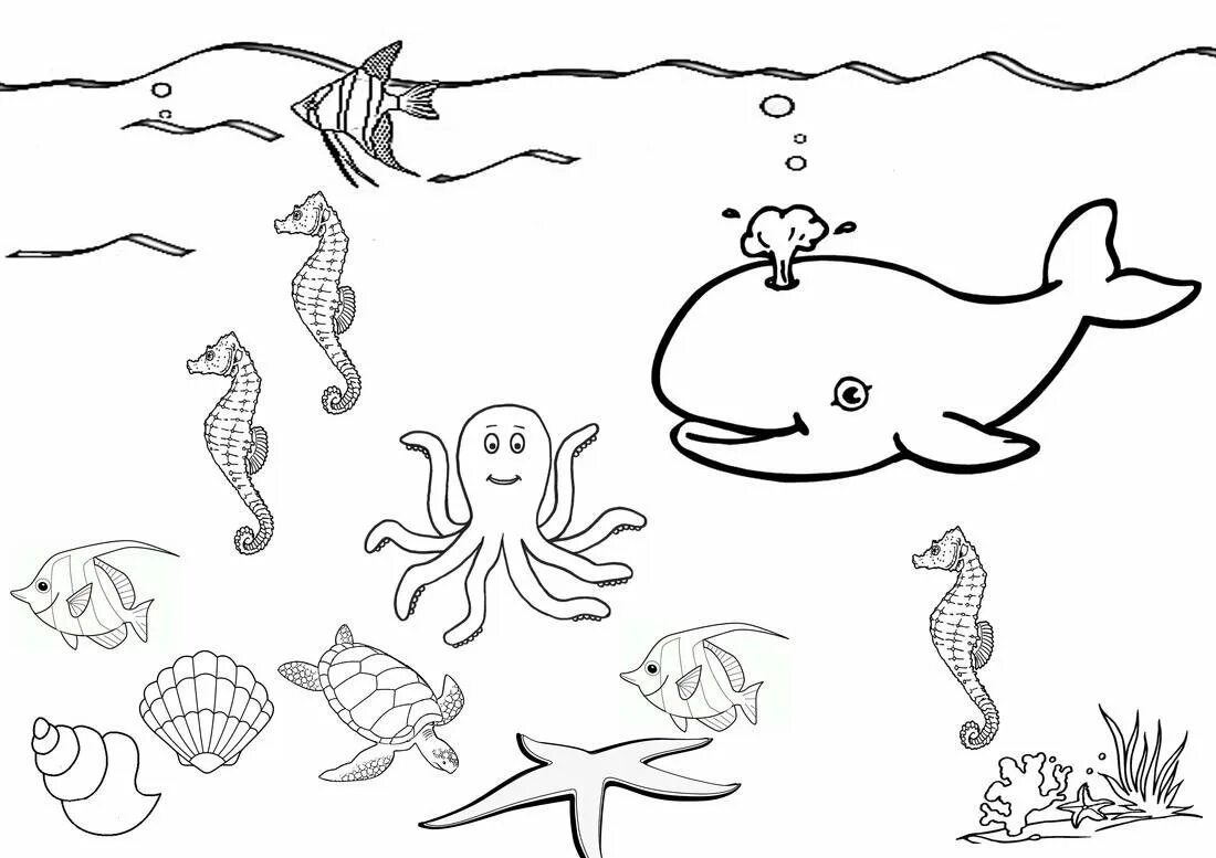 Раскраска морские обитатели. Морские обитатели раскраска для детей. Подводный мир раскраска для детей. Раскраска морские обитател. День водных животных в детском саду