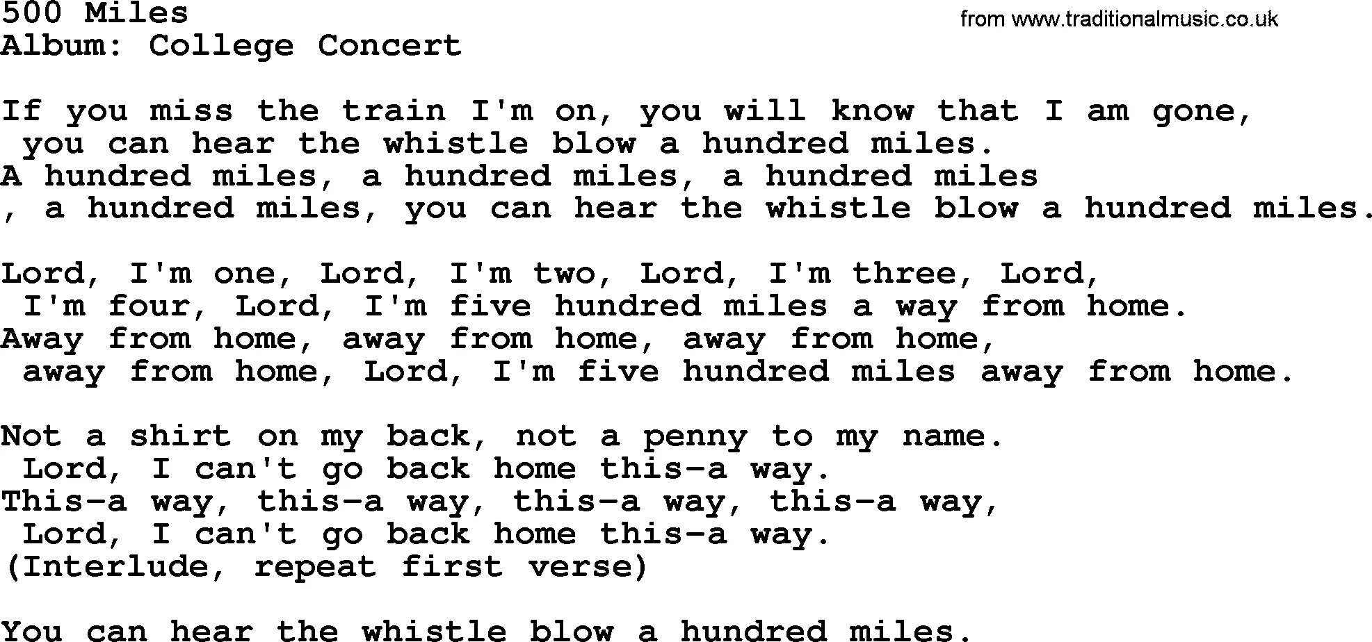 Перевод песни miles. 500 Miles. Five hundred Miles текст. Hundred Miles текст. One hundred Miles.