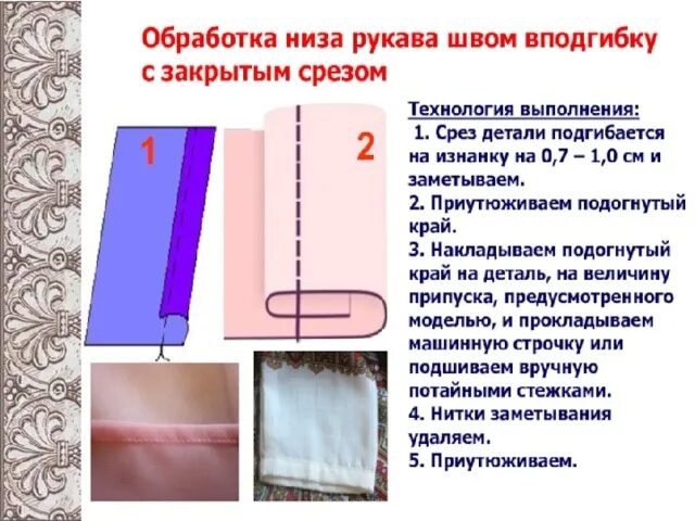 Обработка Нижнего среза рукава манжетой. Обработка Нижнего среза юбки. Швы для обработки Нижнего среза юбки. Шов вподгибку с закрытым срезом.