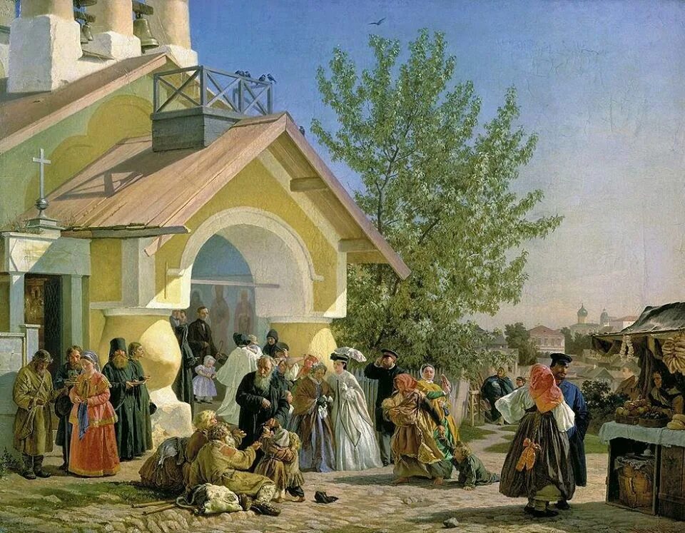 Русские картины. Морозов Александр Иванович (1835–1904). Александр Иванович Морозов. Выход из церкви во Пскове.. Морозов Александр Иванович картина выход из церкви в Пскове. Артель художников Крамской.
