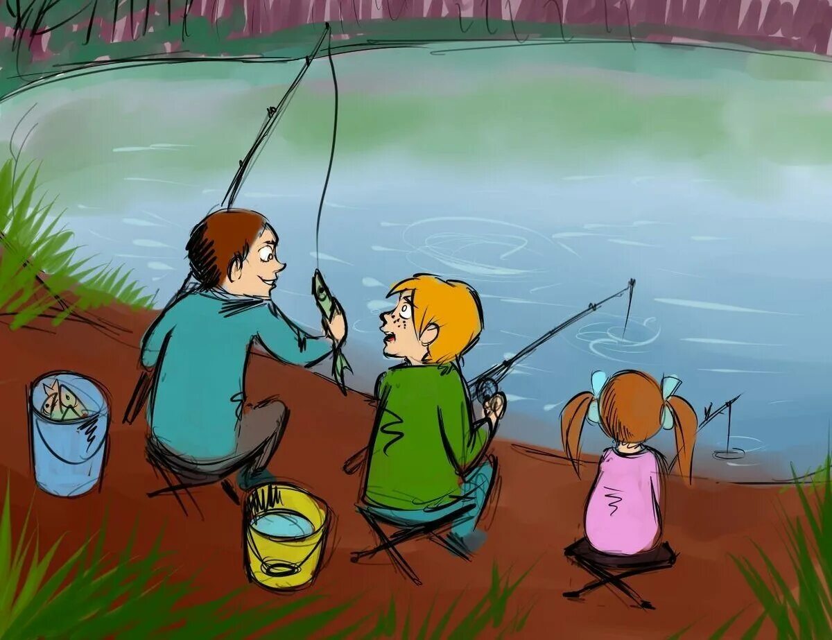 I like go fishing. Рисунок на тему рыбалка. Дети на рыбалке иллюстрация. Рыбалка рисунок для детей. Детская картина на рыбалке.