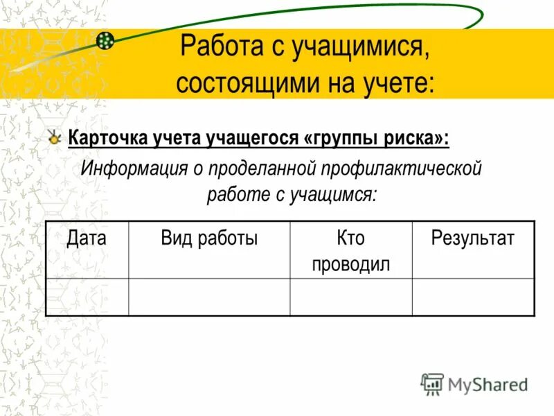 Работа с учащимися на внутришкольном учете. Работа с семьями состоящими на учете. Беседы с семьями состоящими на учете. Карточка на учащегося состоящего на учете. Проделанная работа с учащимся состоящим на учете.